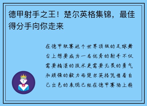 德甲射手之王！楚尔英格集锦，最佳得分手向你走来